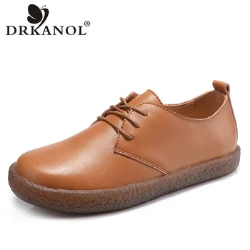 

DRKANOL 2020 Spring Autumn Genuine Leather Women Flat Shoes Lace Up Round Toe Casual Oxford Shoes For Woman British Style Flats