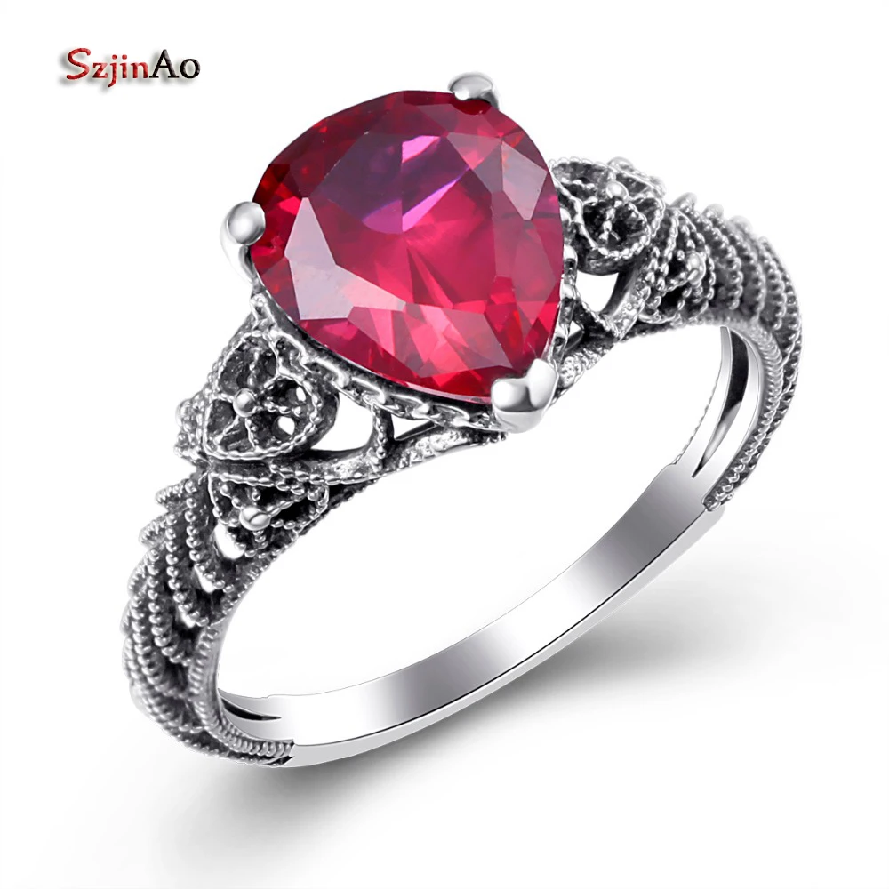 

Szjinao Best Selling Ladies Fashion Water Drop Red Ruby Jewelry Vintage Sterling Silver Engagement Rings for Women