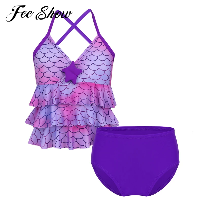 

Kids Girls Summer Clothing Set Tankini Mermaid Scales Printed Starfish Bikini Swimsuit Bathing Suit Set Tops with Bottoms 2pcs