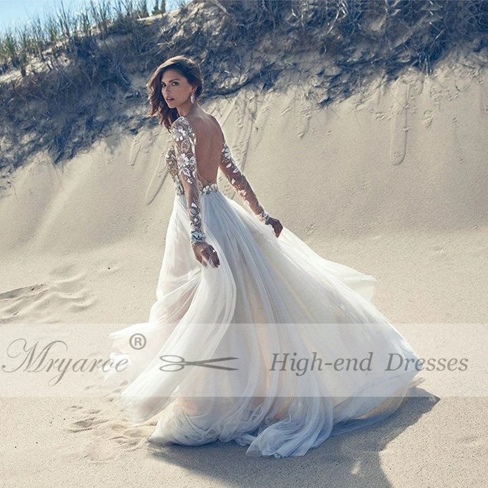 Mryarce Exclusive Lace Beading Open Back Wedding Dress Long Sleeve Scoop Tulle A Line Bridal Gowns Chic Style  (6)