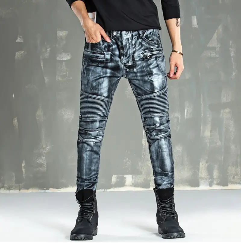 Hip hop Brand Graffiti Biker Jeans Mens Denim Distressed Masculina Rock ...