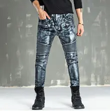 Hip-hop Brand Graffiti Biker Jeans Mens Denim Distressed Masculina Rock Washed Paint Gold Coating Motorcycle Locomotive Jeans