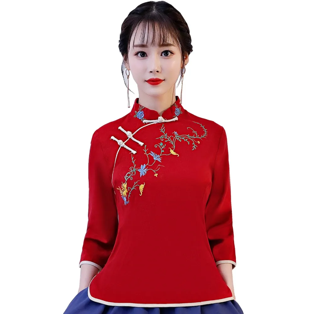 

Shanghai Story Traditional chinese tops Long Sleeve cheongsam top Flower Embroidery Linen Blouse top 4 Color
