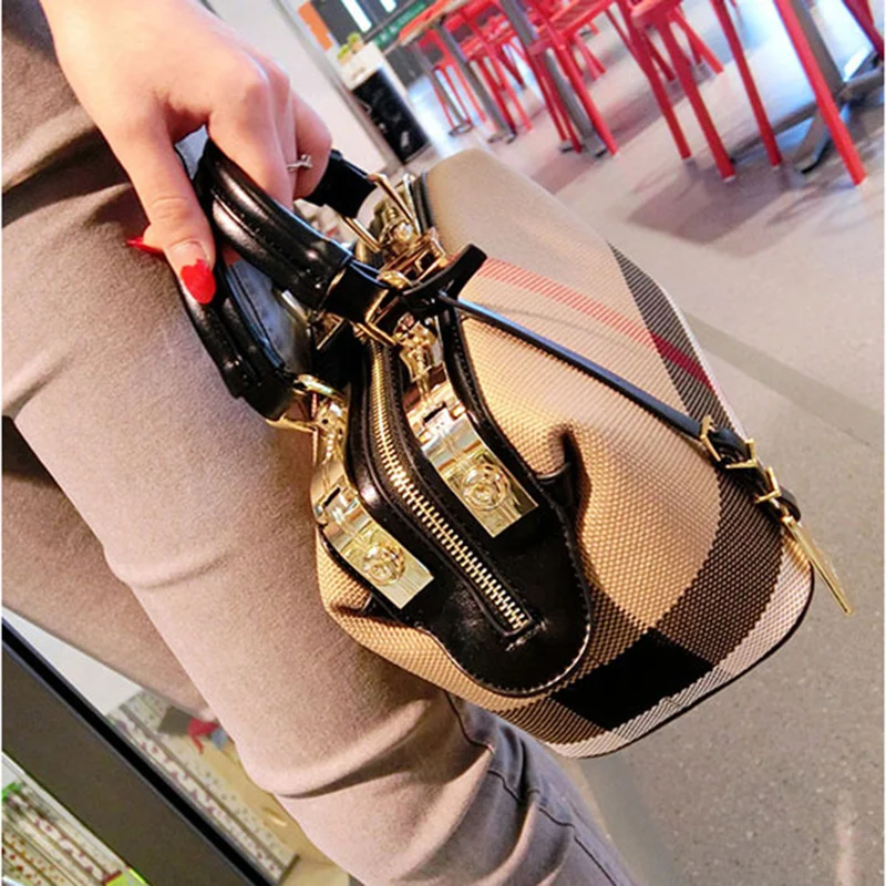 

Ladies Hand Bag 2019 Women Canvas Leather Handbags Purses Plaid Doctor Bag High Quality Big Capacity Female Shoulder Bag Black
