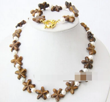 

huij 003998 beautiful white pearls Tiger's eyes pentagon stone necklace bracelet Set
