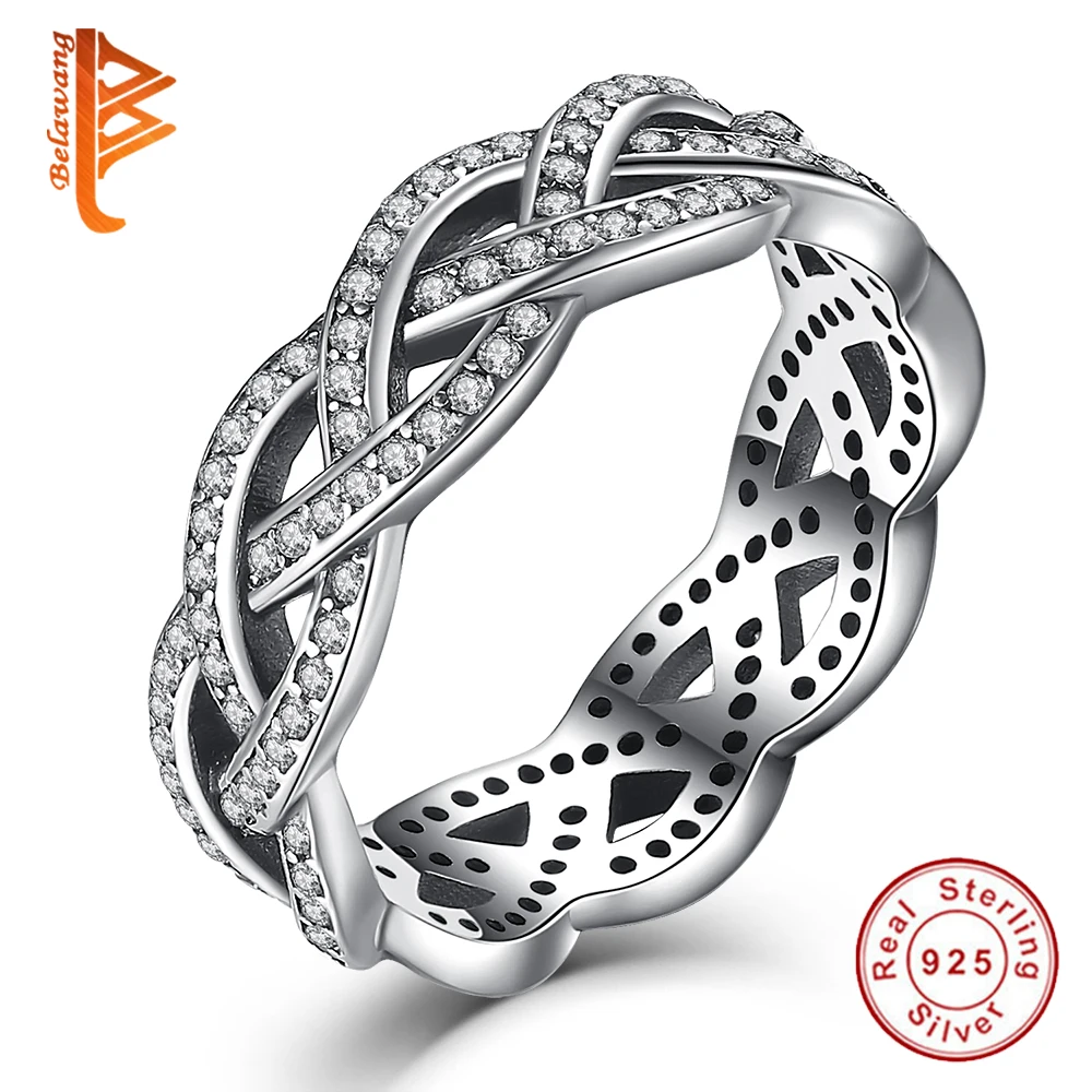 Belawang Аутентичные стерлингового серебра 925 сверкающие Плетеный скрученный проложить серебряные кольца для женщин Свадебные Роскошные ювелирные изделия Anillos