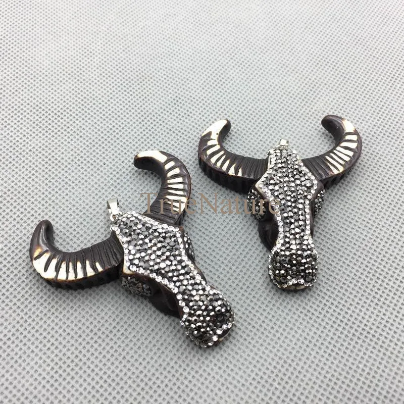 43mm silver metal buffalo head pendant with bead 3D horn horn crane pendant