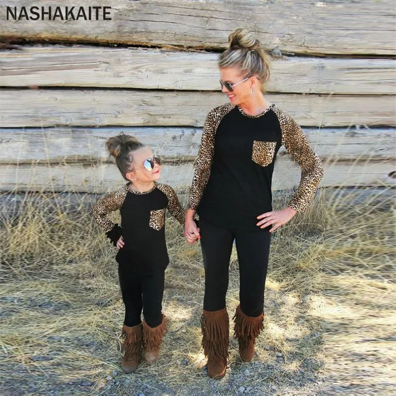 NASHAKAITE/Одежда для мамы и дочки Леопардовый принт пэтчворк, топы, Лидер продаж, семейная футболка с длинными рукавами, карманами и круглым вырезом