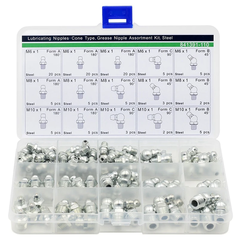 Lubricating nipples cone type,Grease Nipples Assortment,110 Pieces