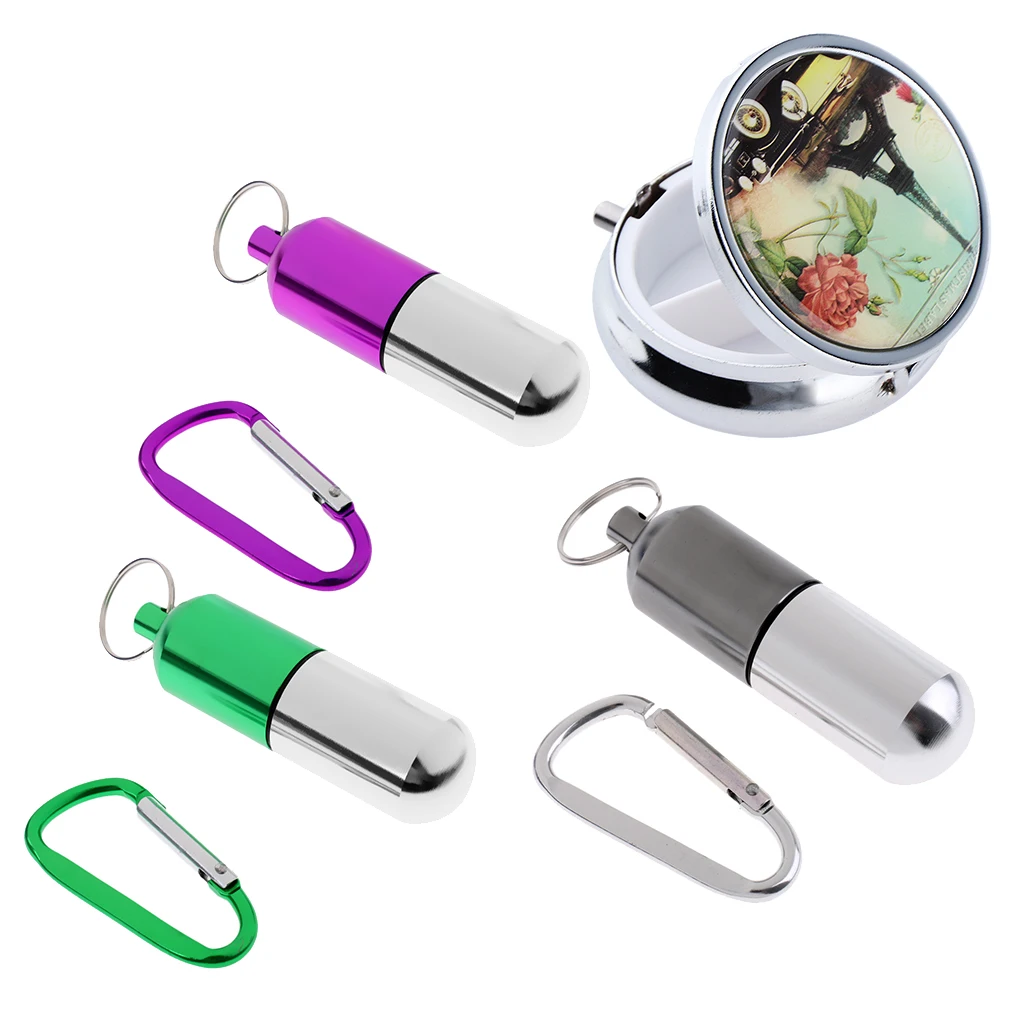 

4Pcs Women Pills & Vitamin Case for Purse Pretty, Travel Pill Box Storage Organizer with Mini Makeup Mirror or Keyring