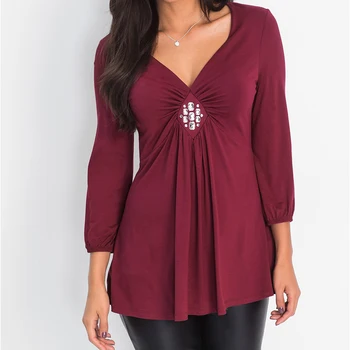 

Sexy Deep V-Neck Diamonds Ruched Solid Color Tops Tees Shirts 2/4 Sleeve Women Summer Casual Loose T-Shirts Bluse 7Q1177