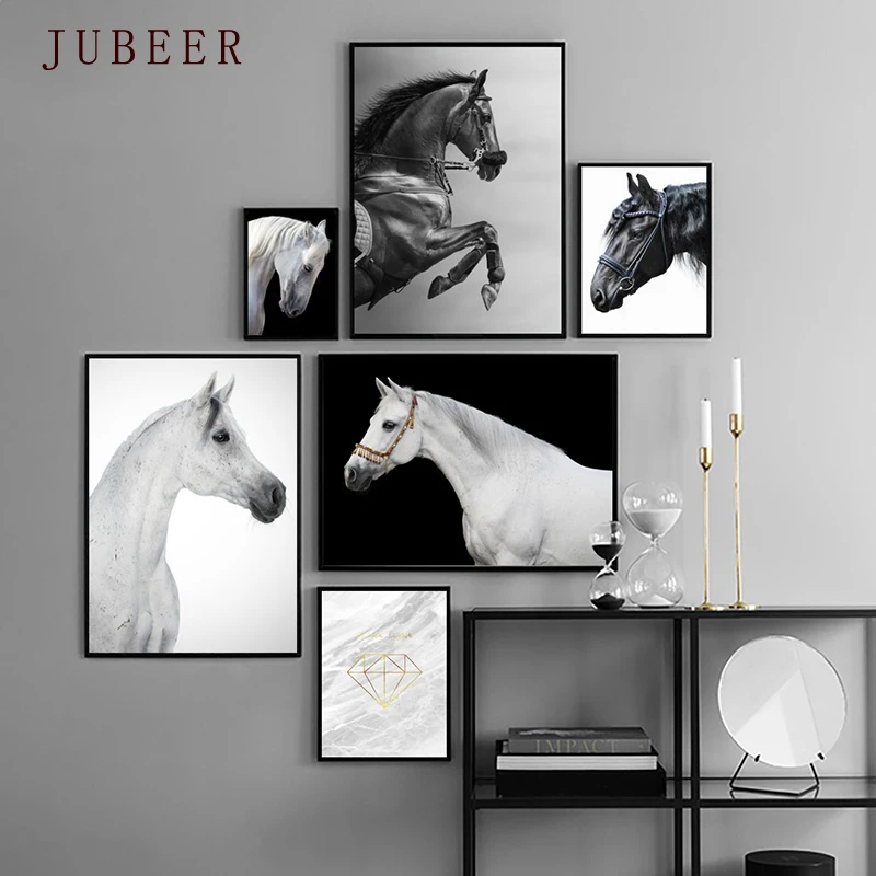 

Black and White Animal Canvas Painting Simple Horse Poster Combination Decorative Painting Wall Art Picture Nordic Style