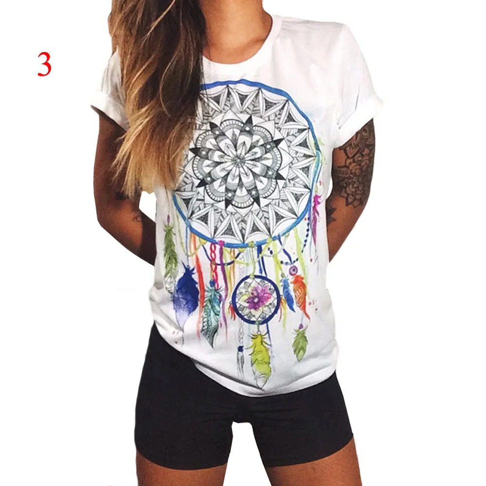 

Fashion Boho Women Casual Summer Short Sleeve Cartoon Pattern Printed Cotton T-Shirt Top Soft And Basic Printed