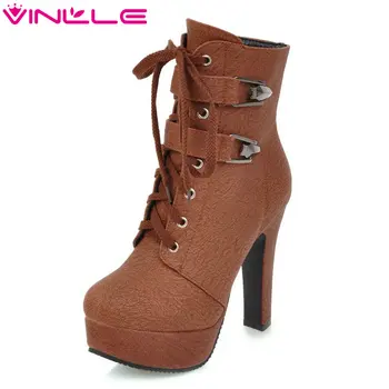 

VINLLE 2020 Women Shoes Ankle Boots Pointed Toe PU leather Square High Heel Lace Up Sexy Ladies Motorcycle Shoes Size 34-43