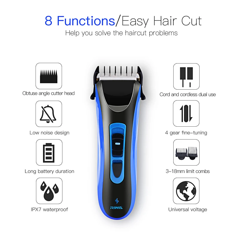 

RIWA Low Noise Hair Haircut Waterproof 100-240V Rechargeable Beard Trimmer Shaving Men Fast Charing Electric Trimmer Clipper 43