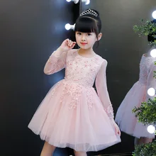 Шикарные элегантные торжественные платья с бусинами и длинными рукавами; платье с цветочным узором для девочек; детские осенние Вечерние платья на день рождения, Крещение, банкет, вечеринку