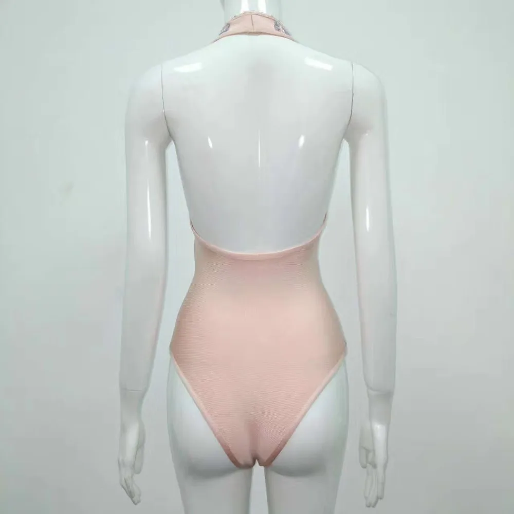Для женщин сексуальное платье без рукавов с лямкой на шее шик Цвет бусины комбинезон с открытой спиной, обтягивающий комбинезон