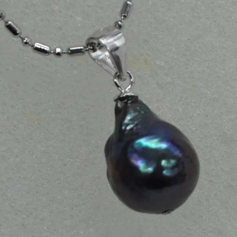 

11-13mm black kasumi pearl pendant free chain necklace real silver hook