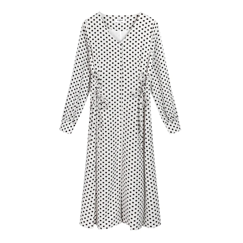 

PERHAPS U Black White V-neck Polka Dot Long Sleeve Single-breasted Empire Lace-up Split A-line Knee Length Dress Autumn D1839