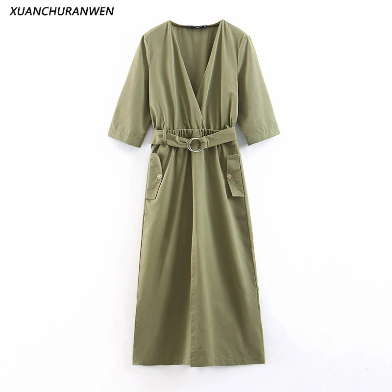 

Fashion New Short Sleeve Cotton Long Dress Summer V neck A-line High Waist Pocket Office OL Dress For Womans XB9330