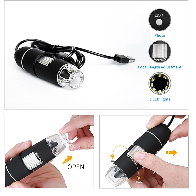 Цифровой USB микроскоп с 8 светодиосветодиодный 500X 1000X 1600X электронная