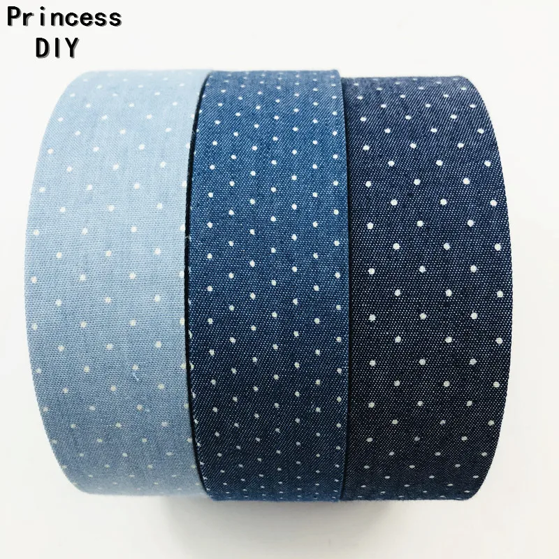 

5Meters Cowboy Demin Grosgrain Jeans Ribbon Small Dots Printed Fabric Denim Jeans Riband Trim Tape DIY Hair Bow Choker Material