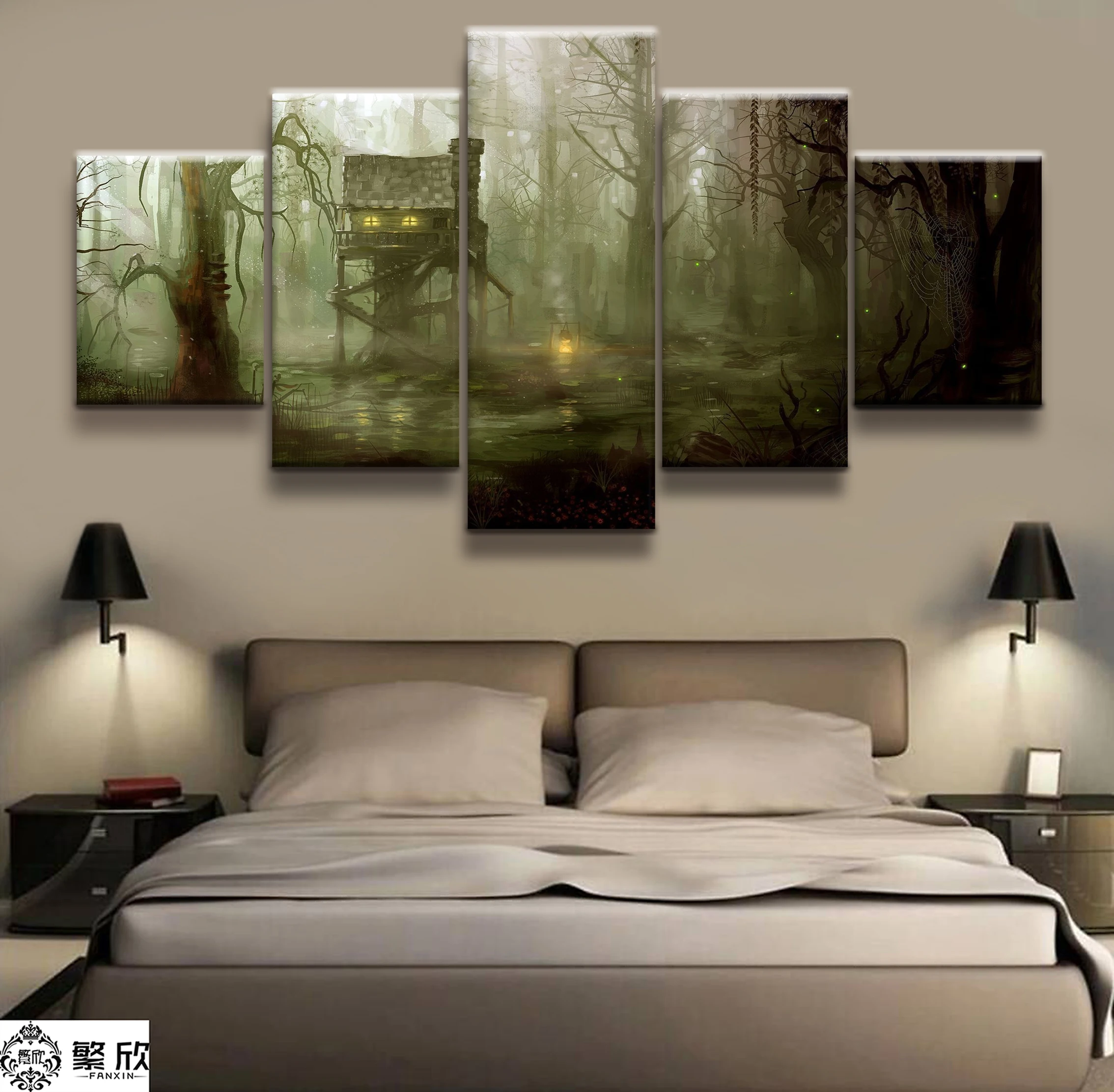 

5 Panel A Cottage in the Forest Scenery Poster Canvas Printed Painting For Living Room Wall Art Decor Picture Artworks Poster