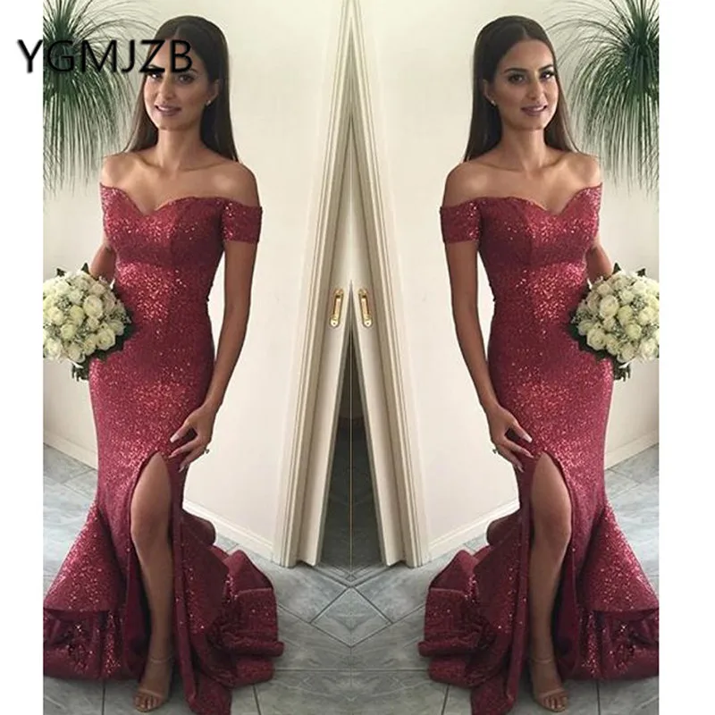 

robe demoiselle d'honneur 2019 Sparkly Sequined Long Mermaid Bridesmaid Dresses Off The Shoulder Side Split Women Prom Gowns