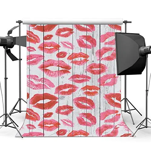 

Valentine's Day Backdrop Sweet Red Lips on Rustic Stripes Wood Plank Romantic Wallpaper Photography Background