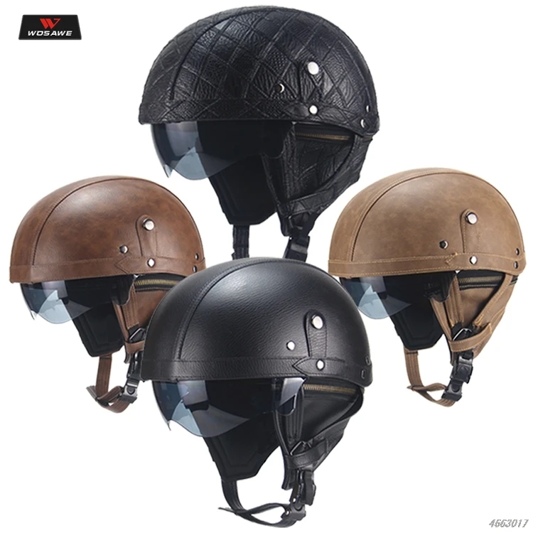

WOSAWE Motorcycle Motorbike Rider Half Open Face PU Leather Helmet Visor With Collar vintage Motocross Motorbike Moto Helmet