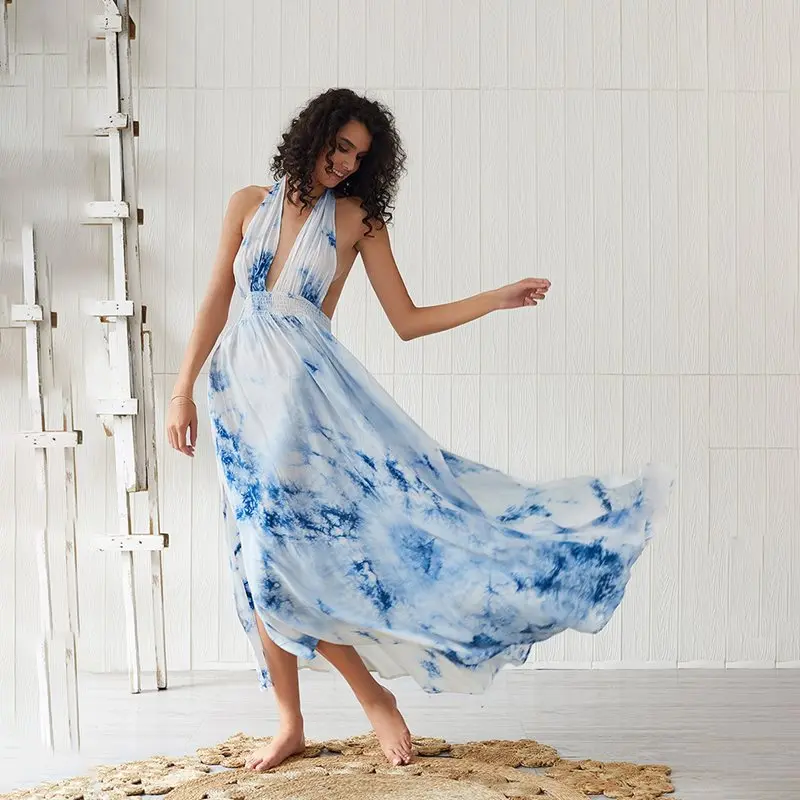 

Backless Sexy Boho Beach Long Dress Women Blue Elegant Printed Halter Deep V Split Big Swing Summer Ladies Holiday Maxi Dresses