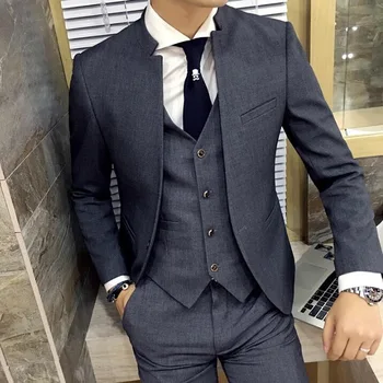 

2017 Brand New Grey Wedding Men Tuxedos Stand Collar Suit Men's Business Office Slim Fit Good Quality Male Suits 3 Pieces Sets
