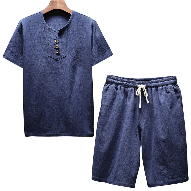 Litthing мужские льняные комплекты бренды o-образным вырезом сплошной короткий рукав футболка шорты Летняя мода мужской повседневный Drawsting