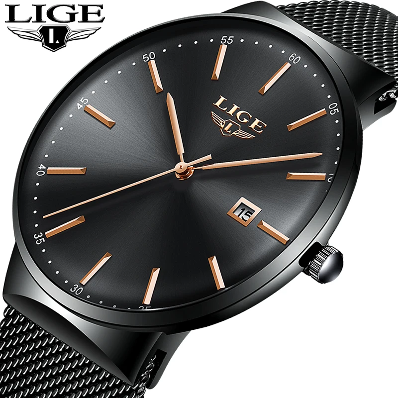 

LIGE Men Quartz Watches Waterproof Automatic Date Watch for men Fashion Simple Clock Full Steel Casual Sport Man Chronograph+Box