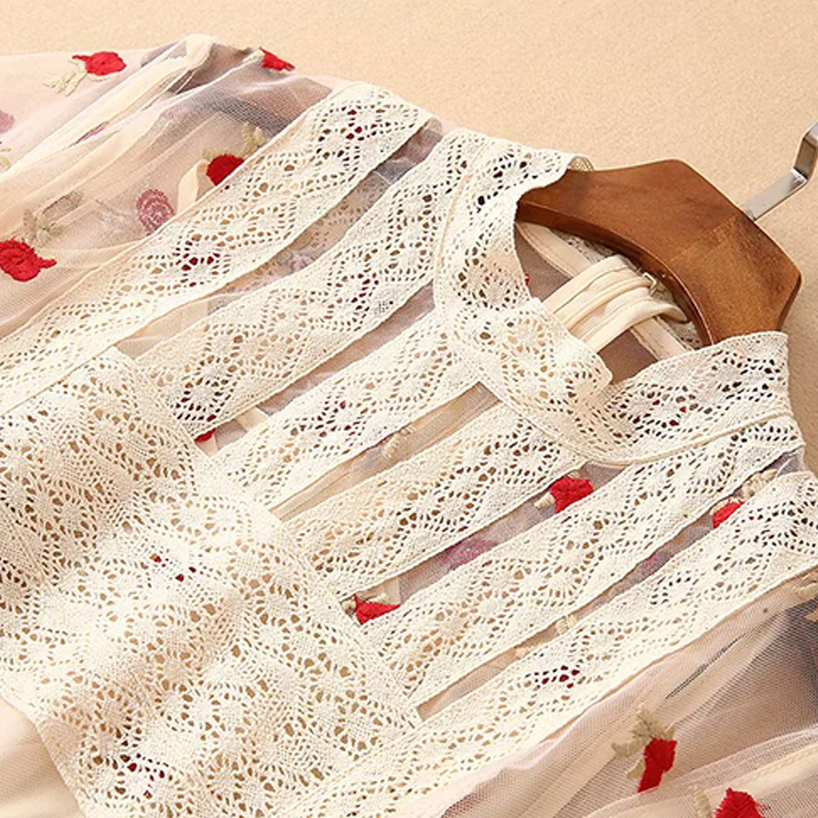VERDEJULIAY роскошное подиумное Платье женское летнее модное кружевное лоскутное Сетчатое цветочное Прозрачное платье миди с вышивкой