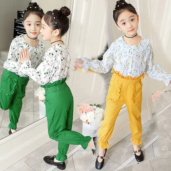 

Spring Autumn Cute Girls Sets Long Flare Sleeve Floral Print Tops + Cotton Casual Pants 2PC Kids Clothes for 4 6 8 10 12 Years