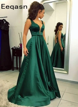 

Simple Elegant Evening Dresses with Pockets V Neck Floor Length Green Satin Formal Evening Party Dress for Women 2020