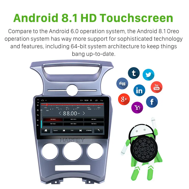 Best Harfey 9 inch Android 8.1 Car Radio for Kia Carens Manual A/C 2007-2012 HD Touchscreen Auto GPS support Carplay DVR Rear Camera 2