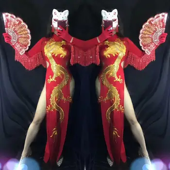 

Embroidery Long Dress Red High Forked Tassel Sleeve Costumes Nightclub Bar DJ Singer Dancer Performance Sexy Dress Chinese Style
