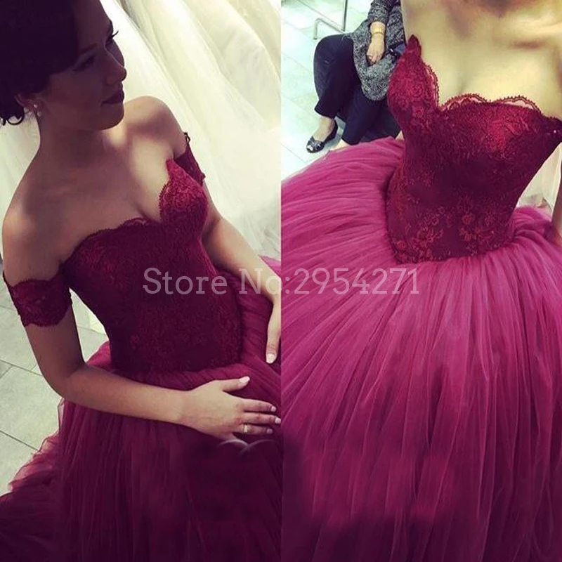 

Burgundy Off The Shoulder Ball Gown Prom Dress Lace Short Sleeves Tulle Floor Length vestido de festa