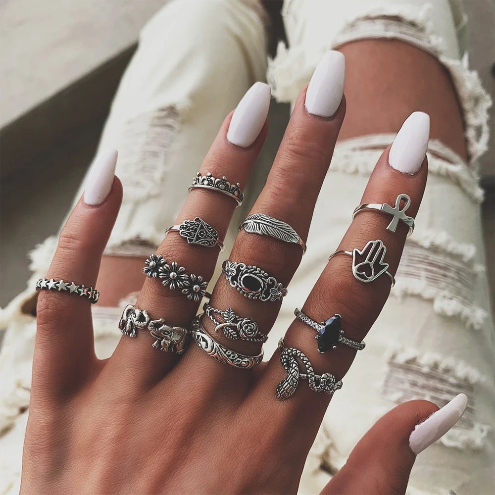 

13 Pcs/set Bohemian Retro Elephant Crown Gems Flower Cross Snake Hand Silver Ring Set Women Fashion Party Jewelry Accessories