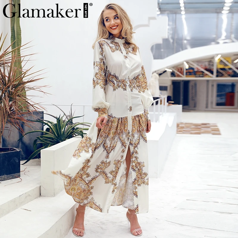 Glamaker, Белое Женское Платье с принтом пейсли, сексуальное, бохо, макси, элегантное, винтажное платье, Ретро стиль, с разрезом, с длинным рукавом, осеннее платье, халат festa