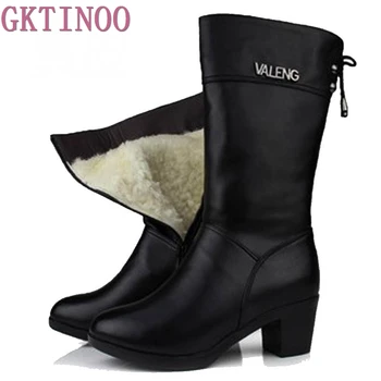 Winter Boots Wool Fur Inside Warm Shoes Women High Heels Genuine Leather Shoes Handmade Snow Boots Footwear Botas 100% natural fur women boots winter warm shoes genuine sheepskin snow boots warm wool women ankle boots