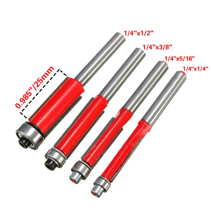 4pcs 1/4" Shank Double Bearing Trimming Cutter Double Edge Straight