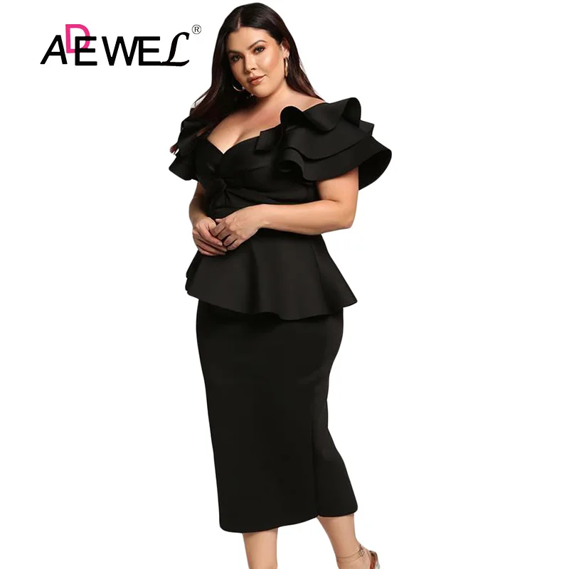 

ADEWEL Formal Plus size Ruffle Short Sleeve Work Office Midi Dress Women Elegant Bodycon Party Peplum Dress Large Size 5XL