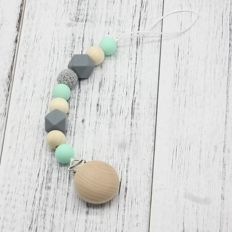 Neutral color baby Pacifier Clip Holder with beech Elephant Shaped Pendant Dummy holder Crochet beads new-born gift NT132