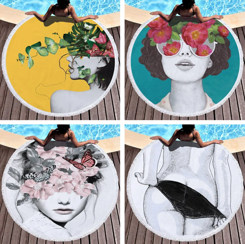 

Round Beach Towel with Tassel 150cm Yellow Girls Tapestry Microfiber Yoga Mat Flower Fashion Toalla Blanket Floor Mat Bath Towel