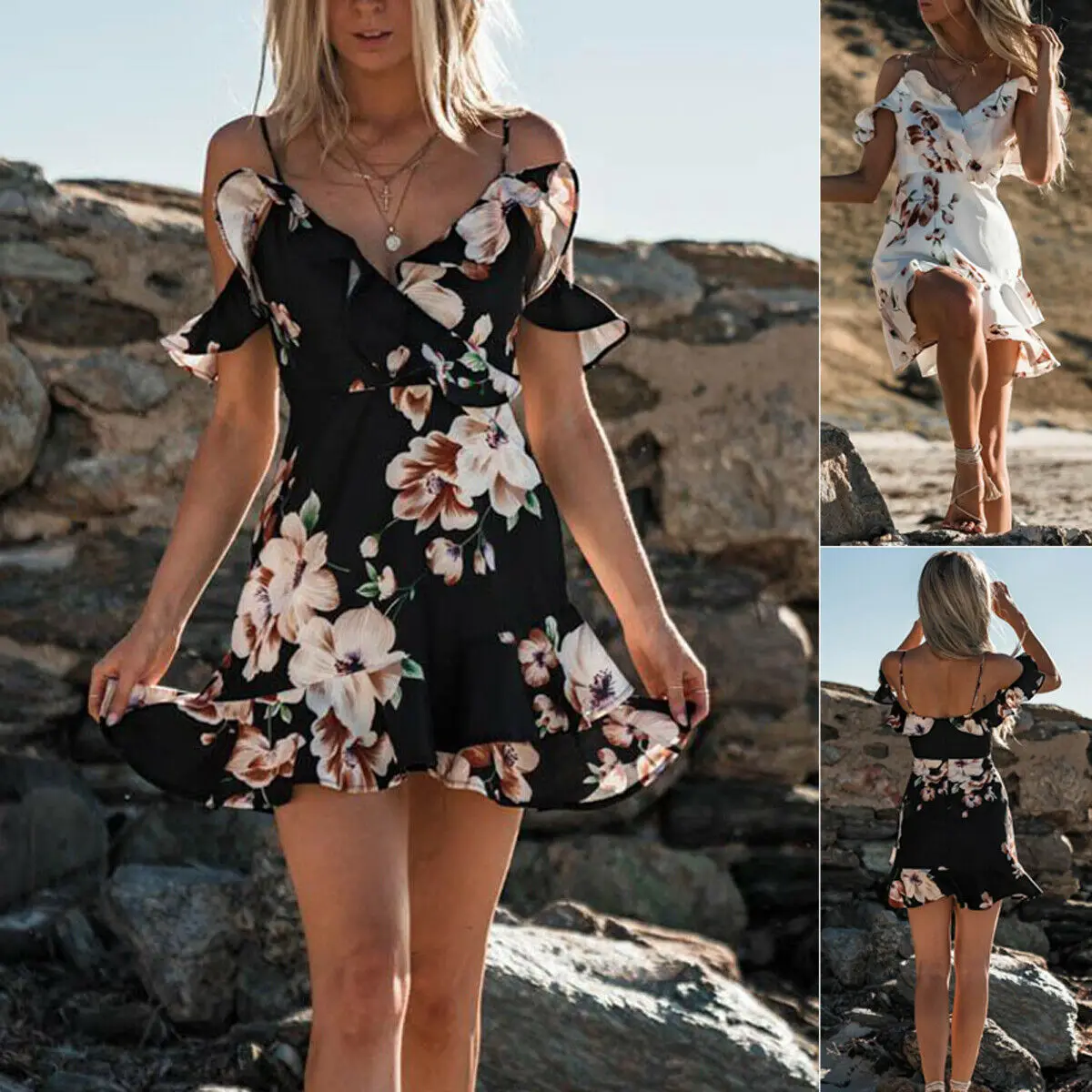 

Women Boho Casual Floral Summer Party Evening Beach Short Mini Dress Sundress