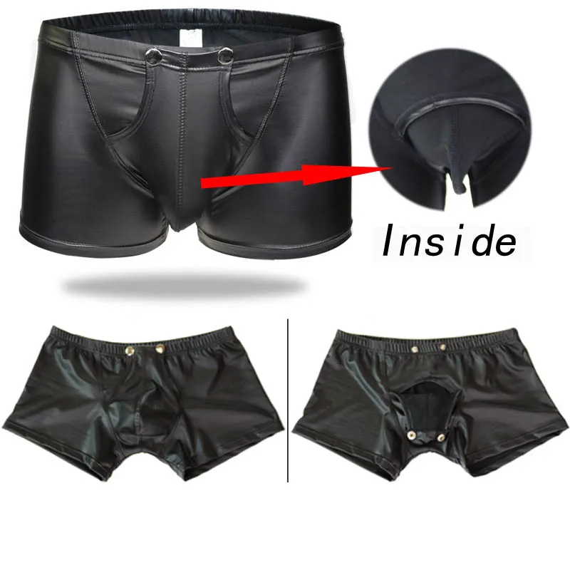 

Men Faux Leathe Boxer Shorts Patent Leather Low Waist Body Shaping Physiology U Convex Design Open U Crotch Soft Sexy Underwear