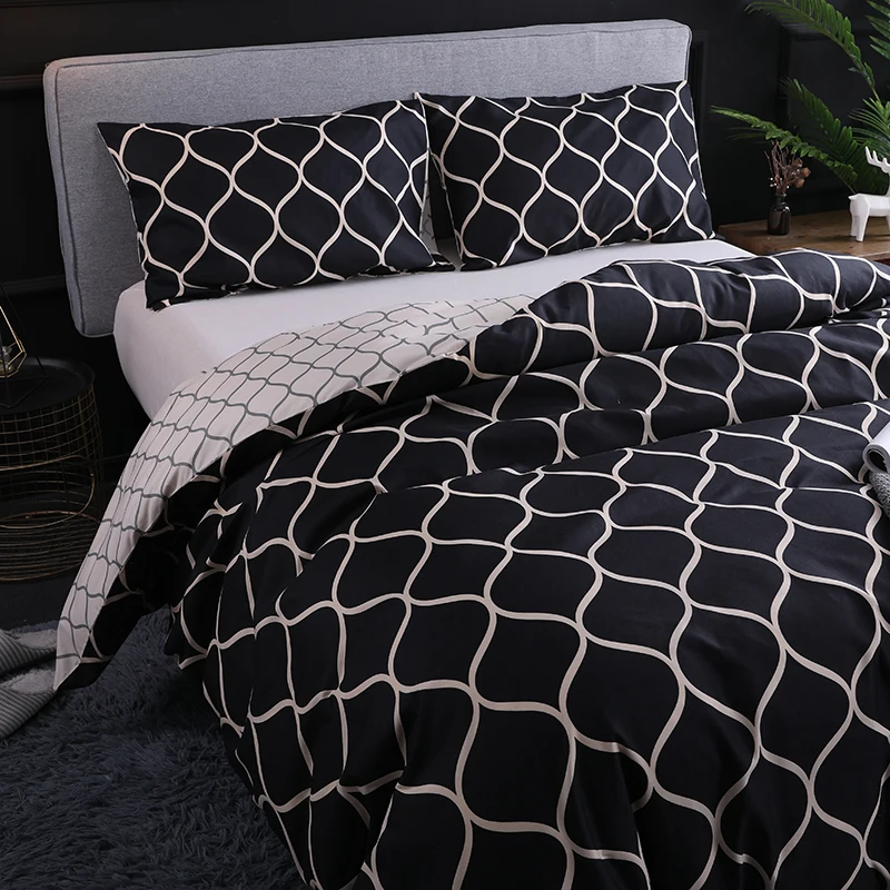 Черный геометрический на постельном наборе полиэстер шлифовка одеяло набор покрытий King/queen Размер льняное постельное белье сетка шаблон постельные принадлежности